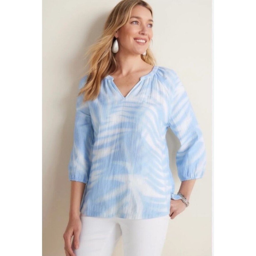 Soft Surroundings Womens Top Medium Blue White Sky Clouds Ruche Neckline Coastal